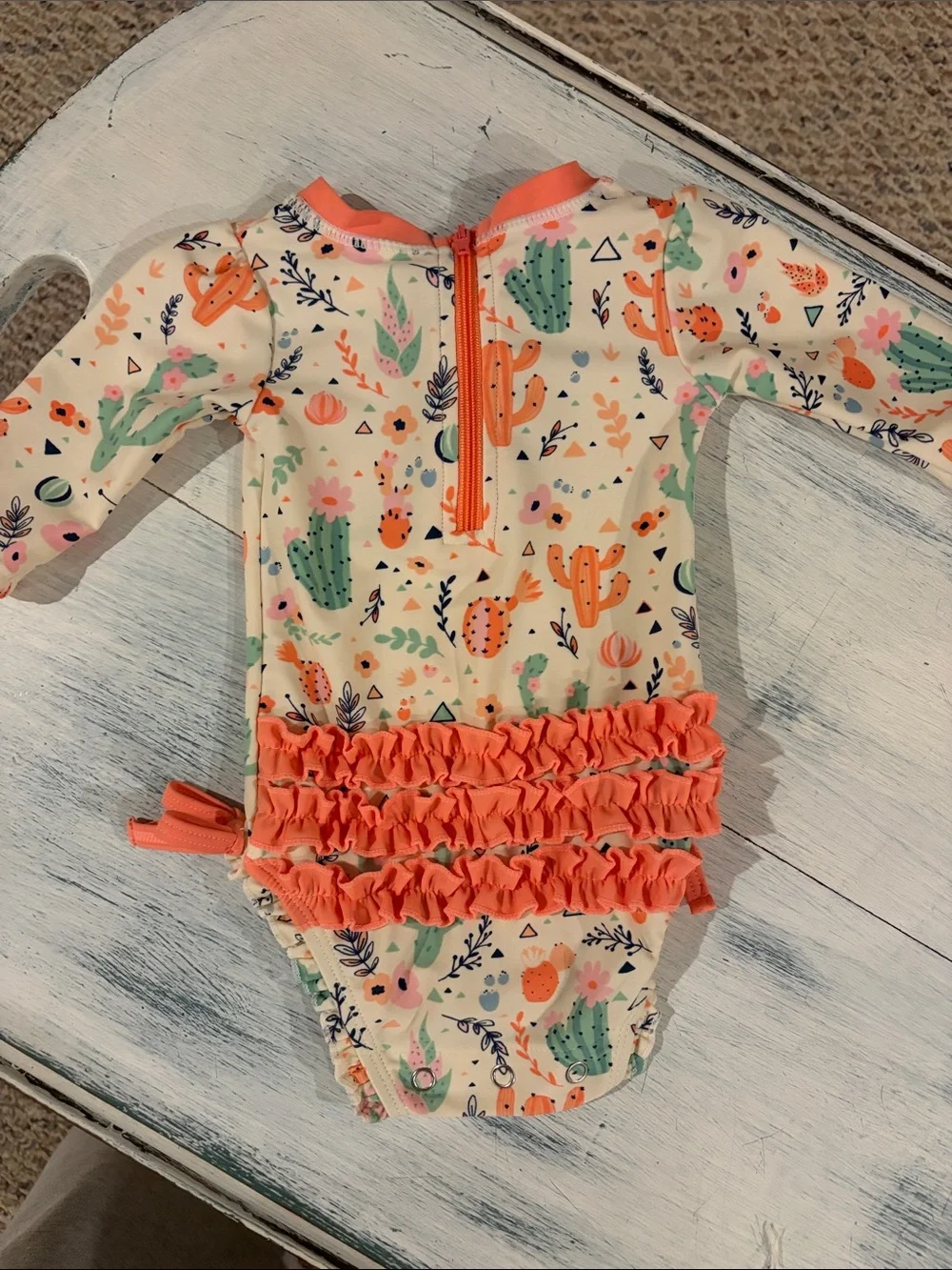 Ruffle Butts Cream Cactus-Print Long-Sleeve One-Piece with Coral Trim size 0-3mo
